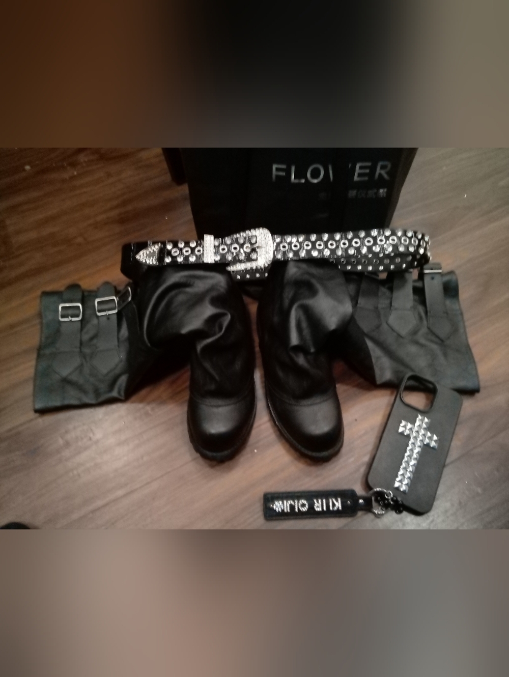 Black Slouchy Leather Boots with Studded Crystal Belt And Studded Phone Cover